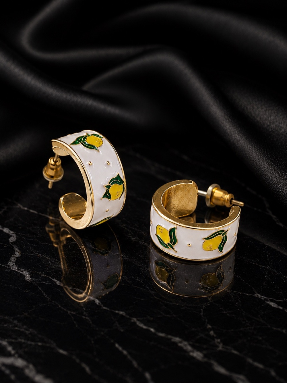 Gold and White Hoop Earrings with Yellow Lemon Motif